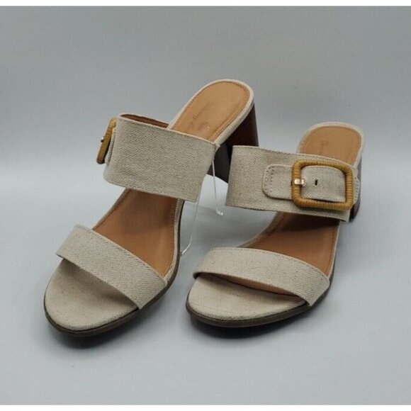 Tommy Bahama Sandals Sz 7M Women Tan / Beige Buckle Trista Linen Block Heel Shoe - Picture 1 of 12